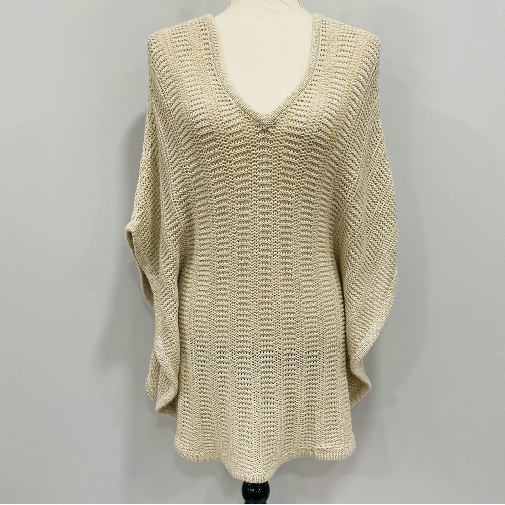 CHICO’S OS Cream Metallic Sparkle Open Knit Kimono Sweater Pullover Lagenlook